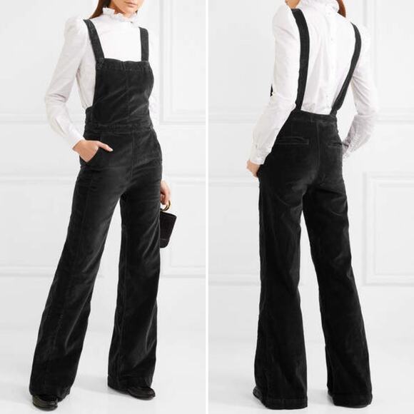 Frame Denim Pants - FRAME Le Velveteen Velvet Jumpsuit In Black Wide Leg Overalls Size XS Sexy Chic